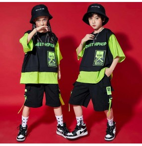 Girls kids green with black hiphop street jazz dance costumes Children rapper singers gogo dancers modern dance model show outfits for boys girls